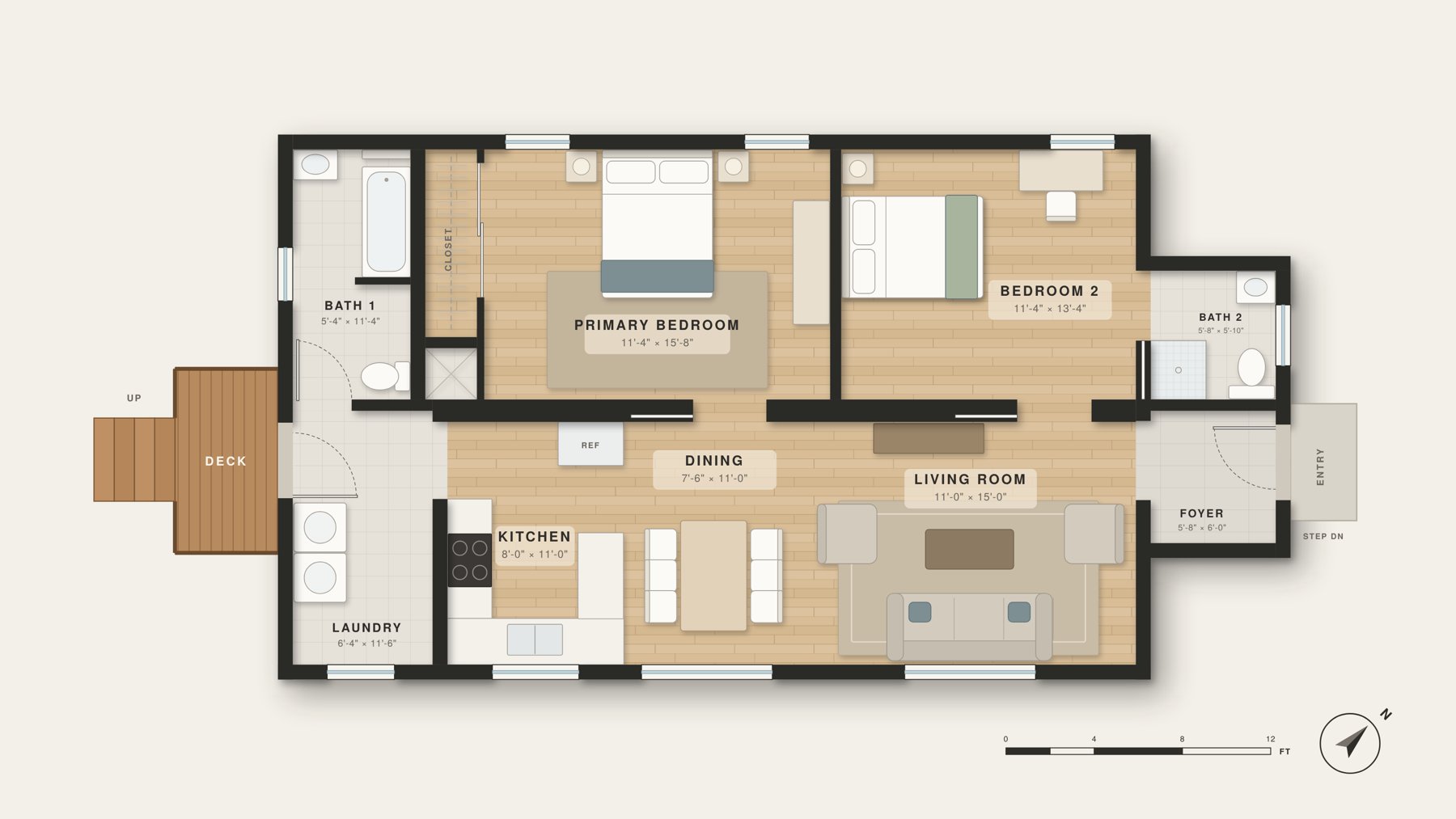 Interior floor plan of the Edison Street, Graton home: a single-story two-bedroom layout with a primary bedroom and ensuite bath one, bedroom two and bath two, a foyer and entry, laundry, and an open kitchen, dining and living room opening onto a deck