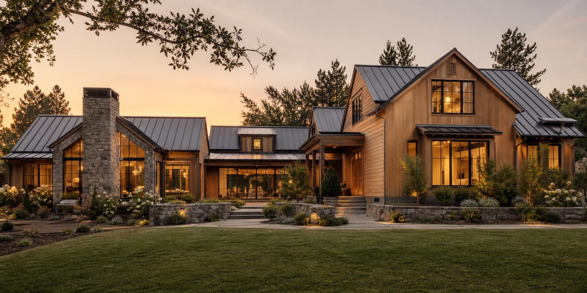 A custom-built modern home with cedar siding, stonework, black steel windows and a standing seam metal roof, set in a landscaped Northern California neighborhood at golden hour with interior lights glowing through tall windows